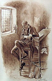 ציור של איש היושב על ספסל ליד שולחן כתיבה
