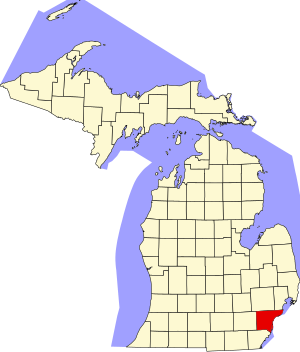 Map of Michigan highlighting Wayne County