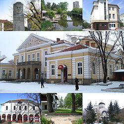 Top left:Statue of George Sheytanov, Top middle:Tundzha River, Top right:Georgi Rakovski Library in Osvobozhdenie Square, Center:Saglasie Community Hall, Bottom left:Yambol Saint George Orthodox Church, Bottom middle:Ormana Park, Bottom right:Saint Nikolay Church of Yambol