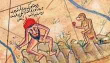 A closeup of the map shows a monkey holding a fruit, sitting atop mountains near a headless man holding what appear to be flowers.