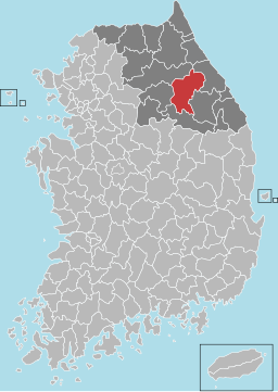 Pyeongchangs läge i Gangwon och Sydkorea