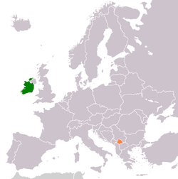 Map indicating locations of Ireland and Kosovo