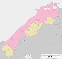 Mapa konturowa prefektury Shimane, blisko centrum u góry znajduje się punkt z opisem „Ōda”