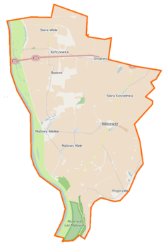 Mapa konturowa gminy Miłoradz, na dole po prawej znajduje się punkt z opisem „Pogorzała Wieś”