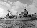 Temporary bow fitted to New Orleans to enable her return to the United States to repair damage sustained from torpedo damage at the Battle of Tassafaronga. The 8 in (200 mm) guns have been removed from No. 2 Turret.