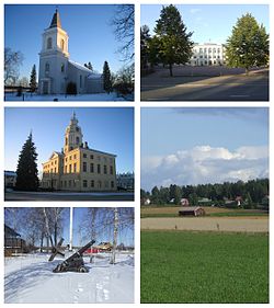 Clockwise from top-left: St. Mary's Church, the Reserve Officer School, the countryside of Husula neighbourhood, a view from the Sailor Pavilion towards Tervasaari and the historical Town Hall.