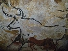 Paleolithic cave painting in Lascaux, France. Showing dots and the 'Y' symbol believed to indicate notional counting in a Lunar calendar