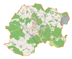 Mapa konturowa gminy Polkowice, blisko centrum na lewo znajduje się punkt z opisem „Polkowice Dolne”