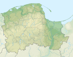 Mapa konturowa województwa pomorskiego, blisko centrum na prawo u góry znajduje się czarny trójkącik z opisem „Szubieniczna Góra (Hyclowa Góra)”