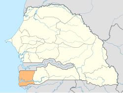 Ziguinchorin alue Senegalin kartalla.