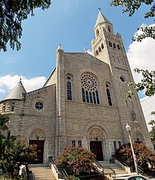 Photograph from the street looking up at St. Peter's Church