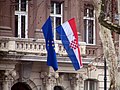 Image 14The flag of Croatia was hoisted together with the flag of Europe on the building of the Ministry of Foreign and European Affairs in Zagreb as a symbol of Croatia's membership in both the Council of Europe and the European Union (from History of Croatia)