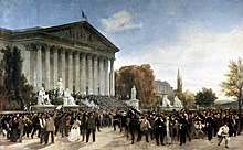 Peinture montrant la foule devant le palais Bourbon par une journée ensoleillée.