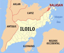 Mapa ng Iloilo na nagpapakita sa lokasyon ng Balasan.