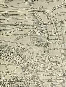 Layout of Gray's Inn, taken from a birds-eye view, showing the Inn as a single walled compound still surrounded by fields.