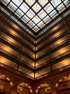 Historic balconies and interior architecture in atrium of The Brown Palace