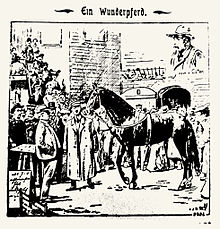 Dessin à l'encre représentant un cheval de profil face à un homme, un public nombreux en arrière-plan.