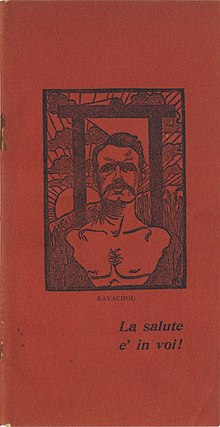 A woodcut of Ravachol before a sunny field and guillotine, printed as black on red, with text below: "La Salute è in voi"