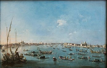 Régate sur le canal de la Giudecca, huile sur toile de Francesco Guardi (entre 1784 et 1789, Alte Pinakothek, Munich). (définition réelle 3 355 × 2 151)