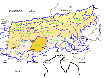 Las subdivisiones de los Alpes orientales según la SOIUSA; los Dolomitas corresponden al n.º 31.