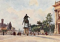 Acquerello di Alberto Pisa rappresentante Piazza del Campidoglio e la statua originale rivolta verso la cordonata d'accesso