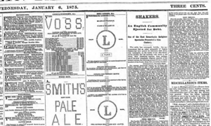 A portion of the Brooklyn Daily Eagle, 6 January 1875, showing advertisements made from typewriter art.