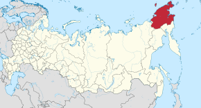 Tšukotkan sijainti Venäjän itäosissa, alla kaupungin sijainti alueella