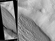 Coloe Fossae lineated valley fill, as seen by HiRISE. Scale bar is 500 meters long.