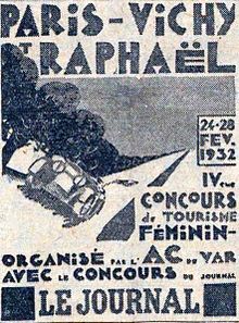 Poster with a racing car and the French words "Paris Vichy St.Raphael – 24–28 Fev. 1932 – IVieme concours de tourisme feminin"