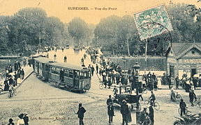 A segunda ponte de Suresnes na década de 1910. Foi utilizada em particular para permitir a passagem de linhas do bonde.