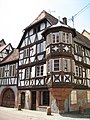 Massive half timbered oriel window on a pre-1581 house, Bouxwiller, Bas-Rhin, Alsace, France