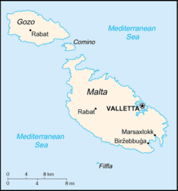 karta över Gozo som ligger nordväst om huvudön Malta.