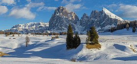 Le groupe du Sassolungo, à environ de 6 km, depuis l'Alpe de Siusi.