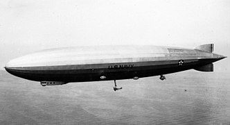 The USS Los Angeles in flight with attached fighter