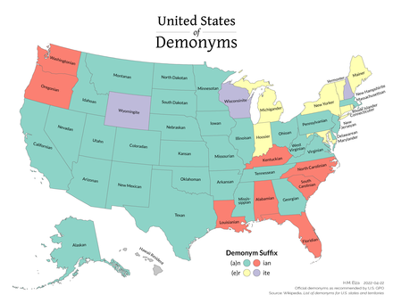 Map of state demonyms of the United States of America colored by suffix