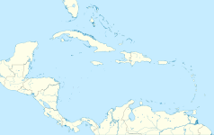 Mapa konturowa Morza Karaibskiego, blisko prawej krawiędzi nieco na dole znajduje się punkt z opisem „British Windward Islands”