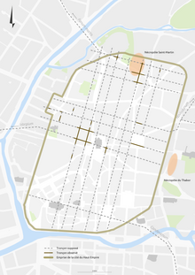 Carte figurant les limites de la ville antique de Condate, mettant en avant les cardi et les decumani.