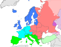 Διαίρεση της Ευρώπης (σύμφωνα με τον ΟΗΕ): Μπλε:Βόρεια Ευρώπη Γαλάζιο: Δυτική Ευρώπη Κόκκινο: Ανατολική Ευρώπη Πράσινο: Νότια Ευρώπη