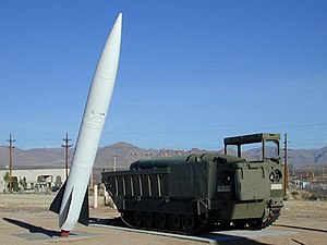 MGM-52 Lance missile on display at White Sands Missile Range Museum, New Mexico, next to M752 Self-Propelled Launcher.