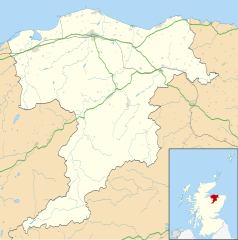 Mapa konturowa Moray, u góry nieco na prawo znajduje się punkt z opisem „Buckie”