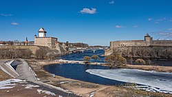 The reconstructed fortress of Narva (to the left) overlooking the Russian fortress of Ivangorod (to the right)