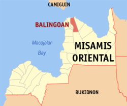 Mapa ng Misamis Oriental na nagpapakita sa lokasyon ng Balingoan.