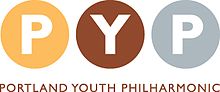 Three circles, each a different color, with a letter inside: "P", "Y", and "P". Below the three circles is the text "Portland Youth Philharmonic".