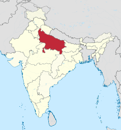 भारतको नक्सामा उत्तर प्रदेशको अवस्थिति (रातो रङ्ग)को अवस्थिति