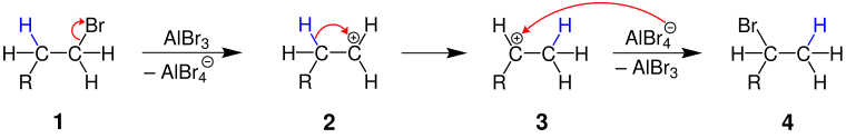 Isomerisierung eines Halogenalkans.R ist ein Organylrest.