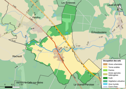 Carte des infrastructures et de l'occupation des sols en 2018 (CLC) de la commune.