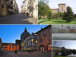 Top left:Strada Nuova shopping area, Top right:Visconti Castle, Bottom left:Sunset in Vittoria Square and Broletto Cathedral, Bottom upper right:Borgo Basso area and riverside of Ticino, Bottom lower right:Coperto Bridgr and Ticino River