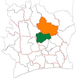 Location of Gbêkê Region (green) in Ivory Coast and in Vallée du Bandama District