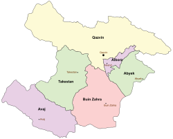 Location of Buin Zahra County in Qazvin province (pink)