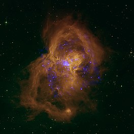 Blou: X-straal (Chandra ACIS); groen: 5,8 µm (Spitzer); rooi: 8,0 µm (Spitzer)